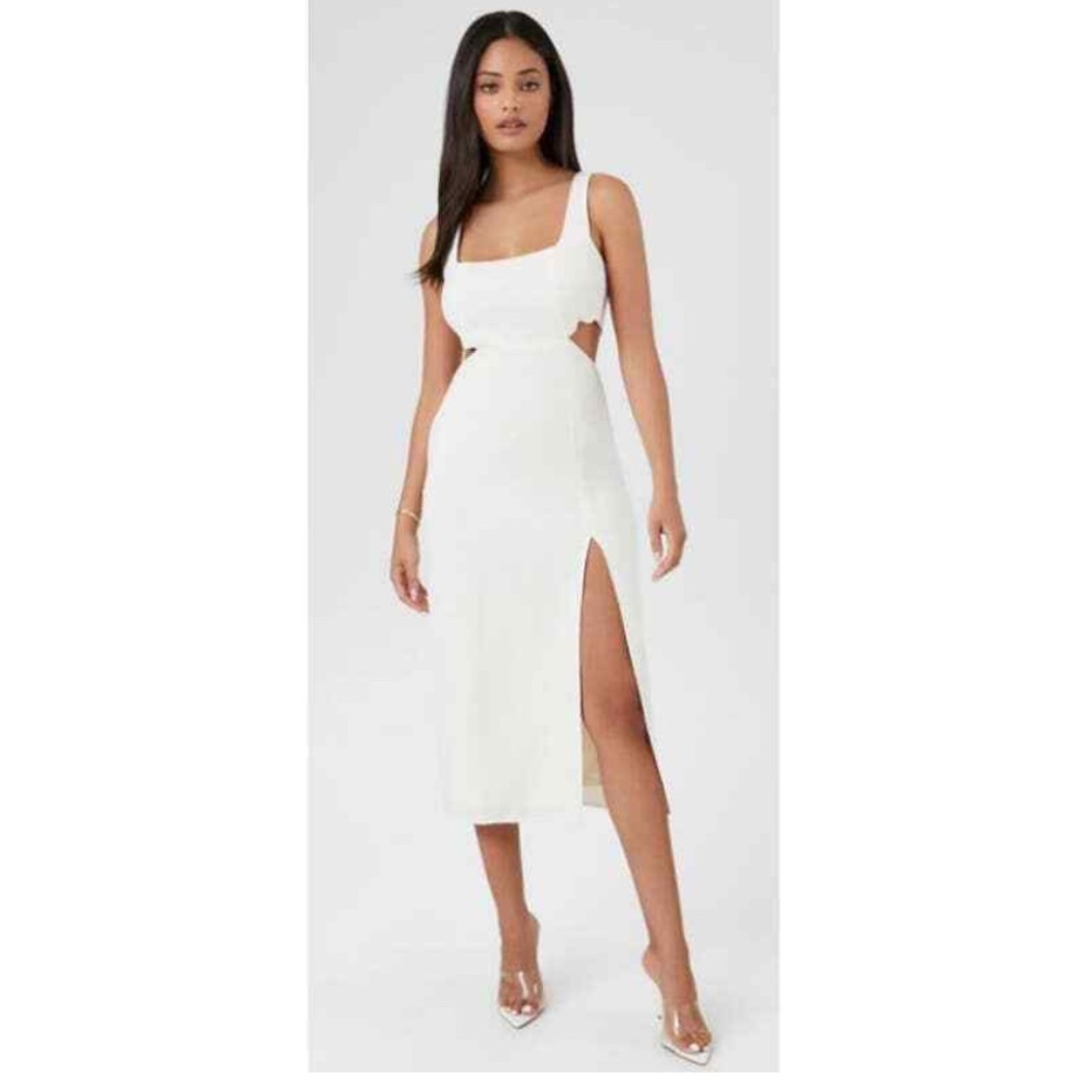ZARA White Midrift Cutout Square Neck Midi Dress M NWT